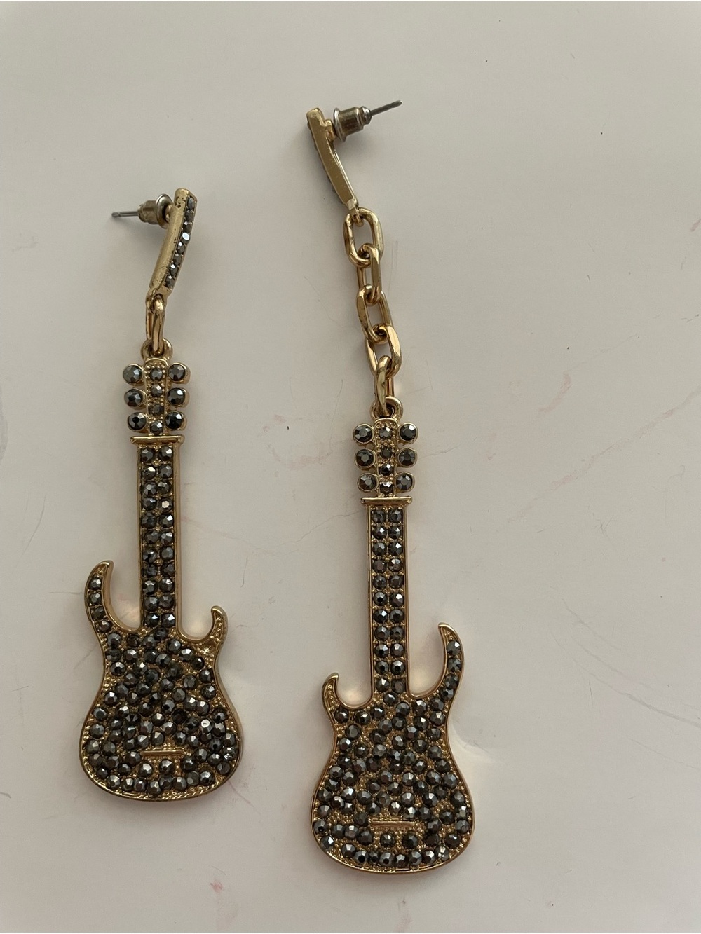 Steve Madden Gold Guitar Drop Earrings with Black Crystals